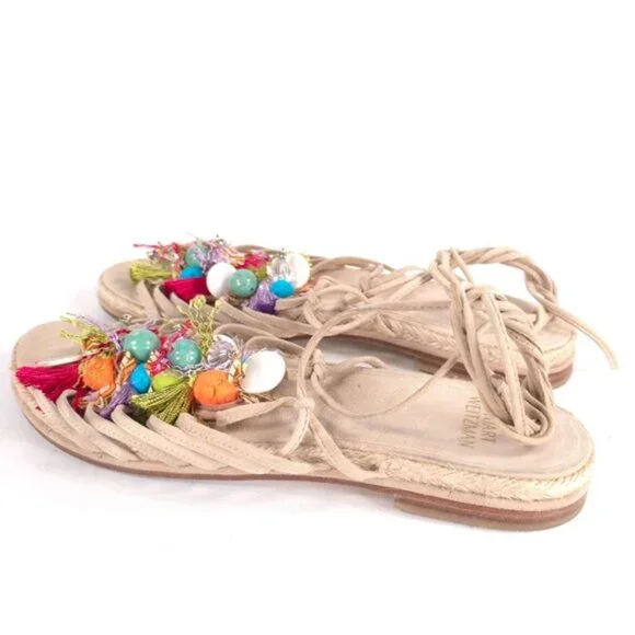Stuart Weitzman Flats Noodles Beach Suede Embellished Lace Up Slide Size 9
